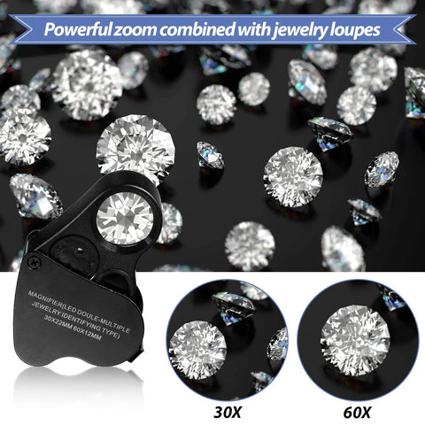 Two Pack Dope Illuminated Jewelers Loupe Set With 30X 60X 90X Magnifications UV Black Light And Bright LED Light on diamonds