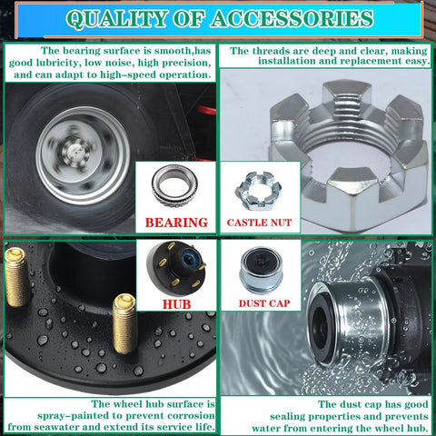 Trailer Hub Kit For 5200 To 6000 Lbs Trailers Six On Five Point Five Inch Bolt Pattern Fits 1.25 To 1.75 Inch Tapered Spindle EZ Lube Pre Lubricated Bearings 25580 And 15123 Complete Idler Axle Kit showing accessories like bearing, castle nut, and dust cap