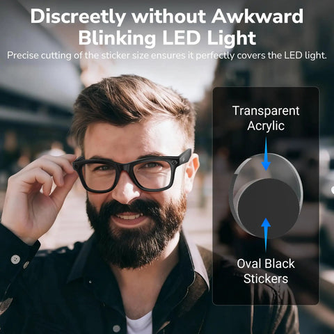 Man wearing glasses with LED Light Blocking Stickers For Meta Glasses Gen 1 And 2 Wayfarer Skyler Headliner Oakley HSTN Oval Restickable