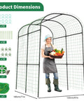 Outdoor Garden Arch Trellis For Climbing Plants, 83 Inch Tall Plant Support Arbor with woman holding a basket of vegetables
