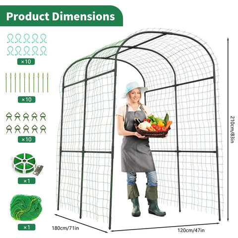 Outdoor Garden Arch Trellis For Climbing Plants, 83 Inch Tall Plant Support Arbor with woman holding a basket of vegetables
