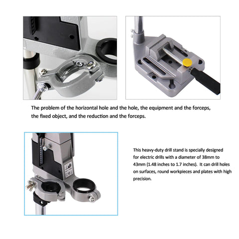 Close-up of Heavy Duty Adjustable Aluminum Drill Press Base with Tough As Nails Bench Clamp for Electric Hand Drills.
