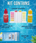 Professional Three Way Swimming Pool And Spa Water Test Kit For Liquid Drop Analysis Of Ph Chlorine And Bromine Levels With Heavy Duty Case showing contents: test solutions and testing block.