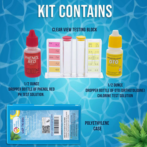 Professional Three Way Swimming Pool And Spa Water Test Kit For Liquid Drop Analysis Of Ph Chlorine And Bromine Levels With Heavy Duty Case showing contents: test solutions and testing block.