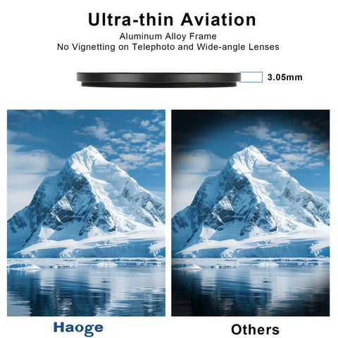 Ultra Slim 49mm UV Filter With Multicoated Water Repellent Nano Coatings showing clear mountain view comparison before and after filter use