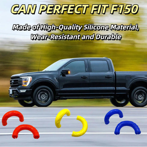 Red Tow Hook Covers For Ford F-150 2004-2024 And Toyota Tundra 2017-2021, showcasing silicone material in red, yellow, and blue.