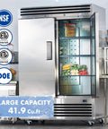 54 Inch Heavy Duty Commercial Freezer 49 Cubic Feet Reach In Upright Cooler With Two Solid Doors And No Sweat Frost Free Air Cooled Tech Featuring Grade 18 8 Stainless Steel Interior Plus Six Rugged Shelves For Restaurant Or Bar Backroom, showcasing large capacity and organized shelves with frozen foods.