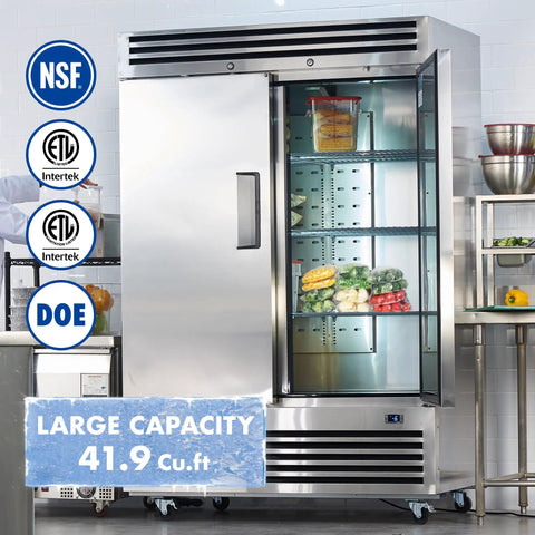 54 Inch Heavy Duty Commercial Freezer 49 Cubic Feet Reach In Upright Cooler With Two Solid Doors And No Sweat Frost Free Air Cooled Tech Featuring Grade 18 8 Stainless Steel Interior Plus Six Rugged Shelves For Restaurant Or Bar Backroom, showcasing large capacity and organized shelves with frozen foods.