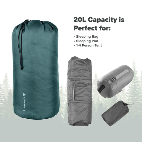 20L Ripstop Stuff Bag With Water Resistant DWR Coating Lightweight Outdoor Drawstring Sack shown in various views
