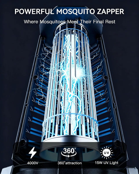 Close-up view of the Outdoor Bug Zapper 4000V Electric Mosquito Zapper with 15W UV Light and IPX4, showcasing its electric grid.