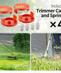 4-pack Trimmer Line Cap And Spring Replacement Kit for AFS Trimmer RC100P and Black and Decker models, shown with trimmer in use.