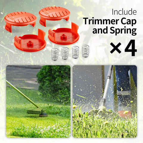 4-pack Trimmer Line Cap And Spring Replacement Kit for AFS Trimmer RC100P and Black and Decker models, shown with trimmer in use.