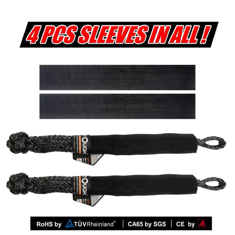 Two Pack Soft Shackle Half Inch By 22 Inch Rope Shackle With 55,000 Lbs Breaking Strength For Off Road Recovery Sailing SUV ATV Truck Jeep Gray 4 Sleeves Lightweight Yet Super Strong Gear displayed with two soft shackles and four sleeves.