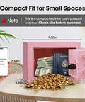 Compact Kid Safe For Money With Digital Lock And Code Mini Safe Box For Cash And Personal Items At Home Pink Measures 6.69 By 9.05 By 6.69 Inches Fits Under Table Or Closet visible with passport and coins inside