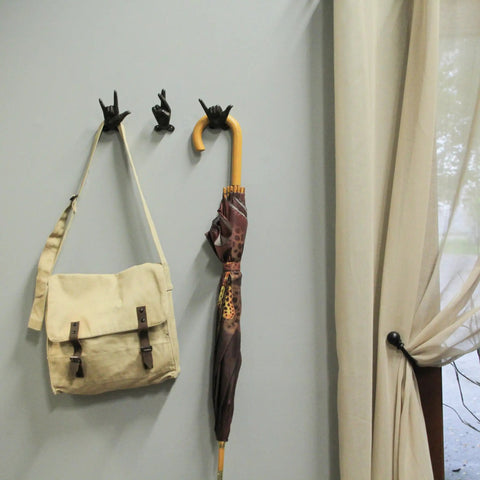 Set Of 3 Hand Gesture Wall Hooks, Super Handy Rustic Cast Iron Decor, 4 Inch Hella Tough Metal Coat Rack for bag and umbrella.
