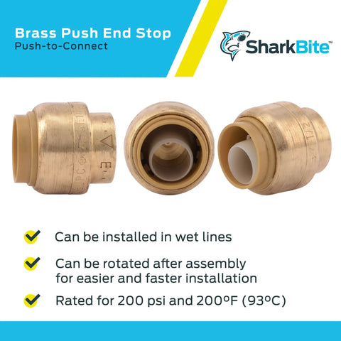 Half Inch Push Cap End Fitting For Plumbing, Quick Push To Connect Brass End Cap For PEX Copper CPVC PERT HDPE Pipes