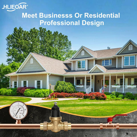 1-inch NR3XLDU water pressure reducing valve on copper piping with double union FNPT, in front of a house.