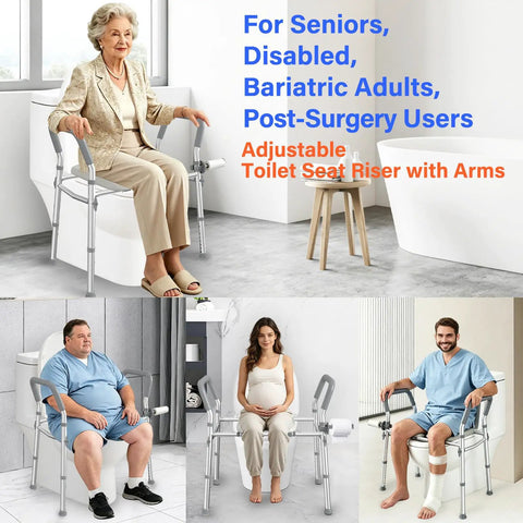 Ultra Comfy Raised Toilet Seat With Extra Wide Safety Handles Adjustable Height And Width For Seniors Fsa Hsa Eligible displayed with diverse users