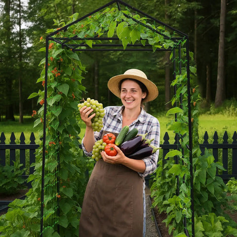 Woman holding vegetables under Metal Garden Arch Trellis For Climbing Plants Outdoor Space Saving 7.1Ft Tall Cucumber Trellis