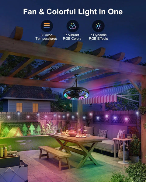 20 Inch Outdoor Ceiling Fan With Lights RGB And 3 CCT Dimmable Remote App Control 6 Speed IP65 Waterproof under a pergola