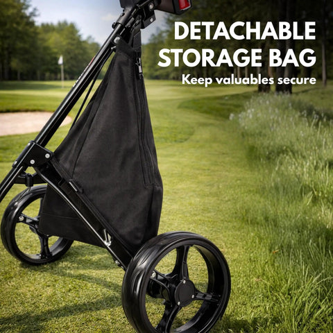 Three Wheel Golf Push Cart With Rock Solid Stability On Any Terrain Heavy Duty Stabilizer Rods Smooth Push And One Touch Braking For Effortless Control On Hills And Rough Fairways Black And Blue, detachable storage bag