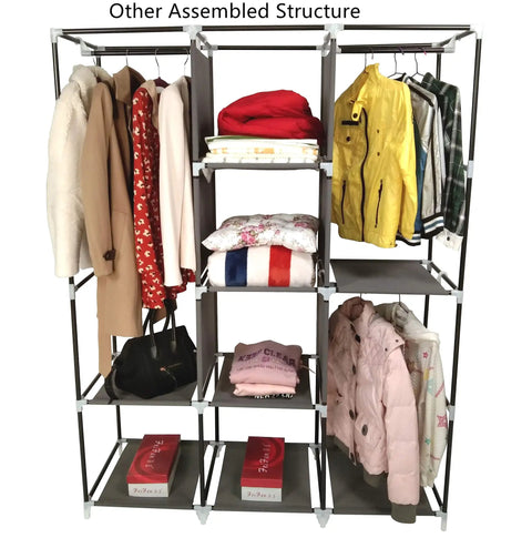 50 Inch Portable Closet Wardrobe For Hanging Clothes With Nonwoven Cover, 4 Hanging Rods And 4 Storage Shelves, Black Steel Frame