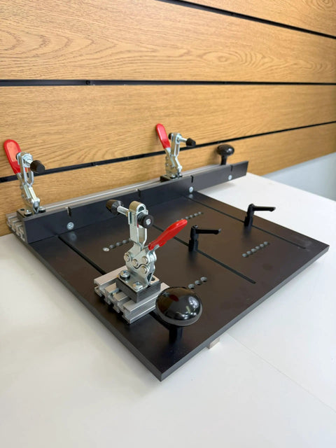 Large Coping Sled for Router Tables With Ultra Track Fence Safe Coping Cuts showcasing toggle clamps and adjustable handles.