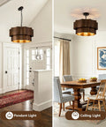 XSDeTu Farmhouse Metal Pendant Light, 2‑Tier Chandeliers for Dining Room hanging in entryway with warm gold glow.