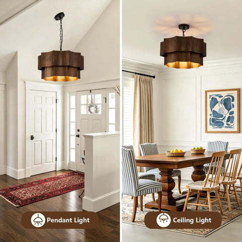 XSDeTu Farmhouse Metal Pendant Light, 2‑Tier Chandeliers for Dining Room hanging in entryway with warm gold glow.