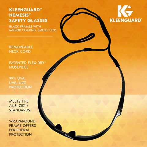 Boss Level Polycarbonate Safety Glasses With Mirror Tinted Smoke Lenses And Matte Black Frame, neck cord shown.