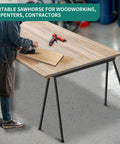 Heavy Duty Folding Saw Horses 2 Pack, Portable Job Site Workhorses 2200 Lbs Load Capacity, tough sawhorse with lumber for carpenters.