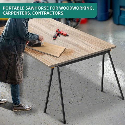 Heavy Duty Folding Saw Horses 2 Pack, Portable Job Site Workhorses 2200 Lbs Load Capacity, tough sawhorse with lumber for carpenters.