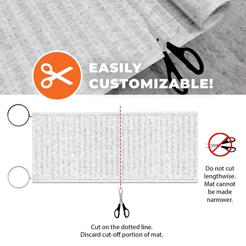 Radiant Floor Heating Mat For Tile And Stone 120V, 15 Sq Ft Coverage, 1.5x10 Mat, customizable design shown with scissors.
