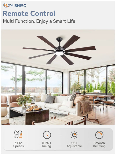 65 Inch Ceiling Fan With Lights And Remote Black Finish With Dimmable 3000K To 6000K in modern living room