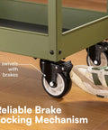 Heavy Duty Caster Wheels With Brakes For Carts And Furniture, 4 Pack Black Casters with brake mechanism shown on green cart