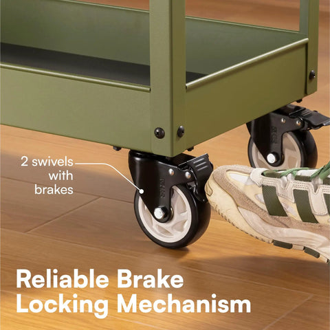 Heavy Duty Caster Wheels With Brakes For Carts And Furniture, 4 Pack Black Casters with brake mechanism shown on green cart