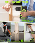 Ninety Piece Impact Driver Bit Set For Wood Metal And Masonry Drilling, user drilling wood with cordless screwdriver.