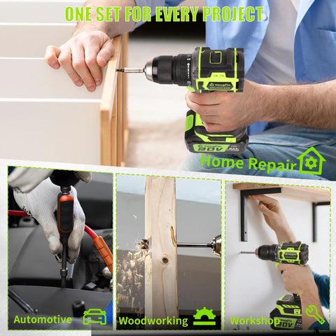 Ninety Piece Impact Driver Bit Set For Wood Metal And Masonry Drilling, user drilling wood with cordless screwdriver.