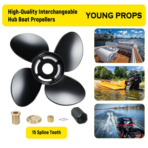 Beefed Up Aluminum Boat Propeller For Mercury 40 140HP Outboards 13.8 Inch Diameter 11 Pitch 4 Blades Right Hand Rotation 15 Spline Hub Kit Included OEM Replacement 48 8M8026560 with accessory views and boat in motion