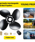Beefed Up Aluminum Boat Propeller For Mercury Outboards 40 To 140HP, 4 blades, 15 spline, right hand, hub kits displayed