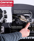 Close-up of Momentum ELS 6PT Electronic Racquet Stringing Machine with precision rotational tensioner and keypad controls.