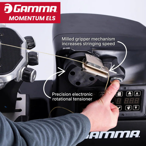 Close-up of Momentum ELS 6PT Electronic Racquet Stringing Machine with precision rotational tensioner and keypad controls.