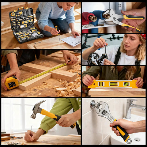 Multiple uses of the 239 Piece Tool Kit For Home And Auto All Purpose DIY Set, showcasing versatility on various tasks and tools in use.