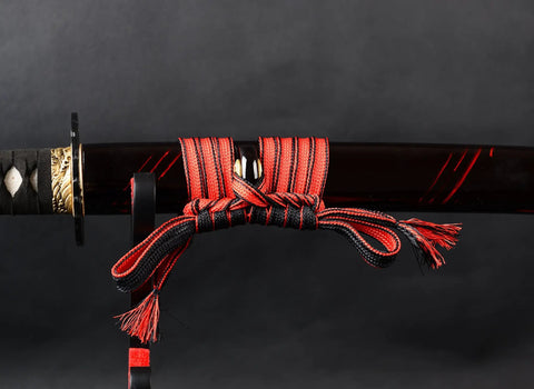 3.3 Yard Synthetic Silk Sageo For DIY Katana Saya And Scabbard Maintenance Dope Black Red Color High Quality Cord For Samurai Swords Replacement And Customization tied on a katana scabbard