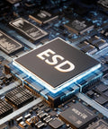 Close-up of an ESD chip on a circuit board, featuring electronic components and wiring.