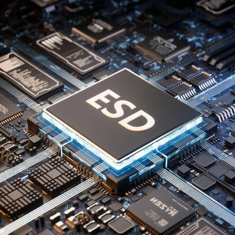 Close-up of an ESD chip on a circuit board, featuring electronic components and wiring.