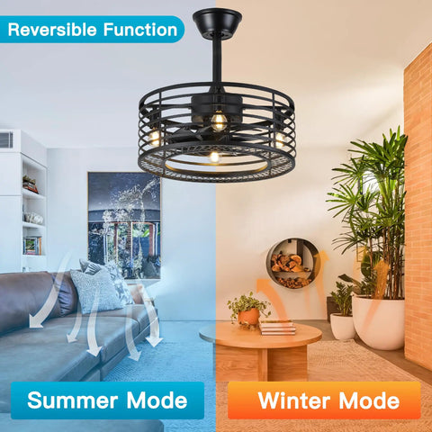 Dope Retro Cage Ceiling Fan With Lights And Remote, 20 Inch Low Profile Industrial Fan in living room with reversible function
