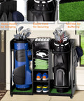 Two Bag Golf Bag Organizer With Silent Locking Wheels, Wooden Golf Bag Storage Rack On Wheels loaded with clubs and accessories