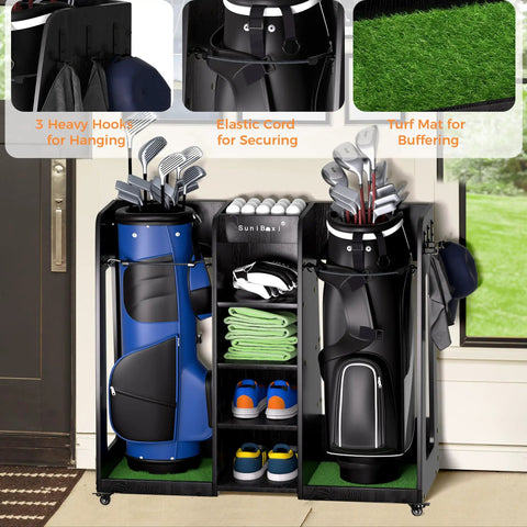 Two Bag Golf Bag Organizer With Silent Locking Wheels, Wooden Golf Bag Storage Rack On Wheels loaded with clubs and accessories
