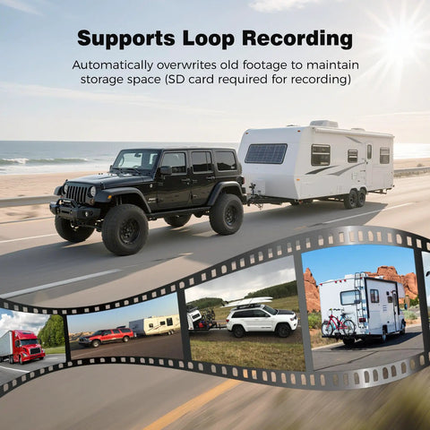 10.1 Inch Wireless RV Backup Camera System With 2 Rear Cameras And 2 Side Cameras for recording with SUV towing camper